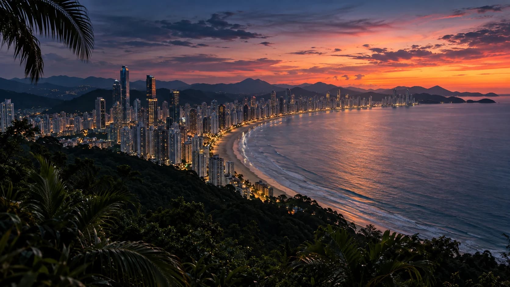 Ilustração da cidade litorânea ao entardecer