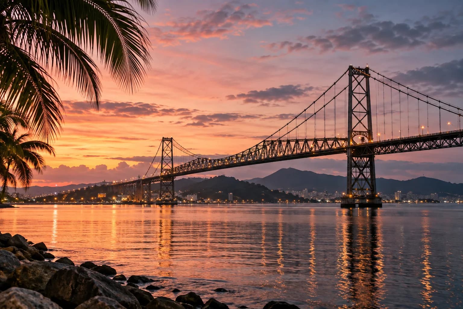 Ilustração fotográfica de uma ponte em Florianópolis ao pôr do sol
