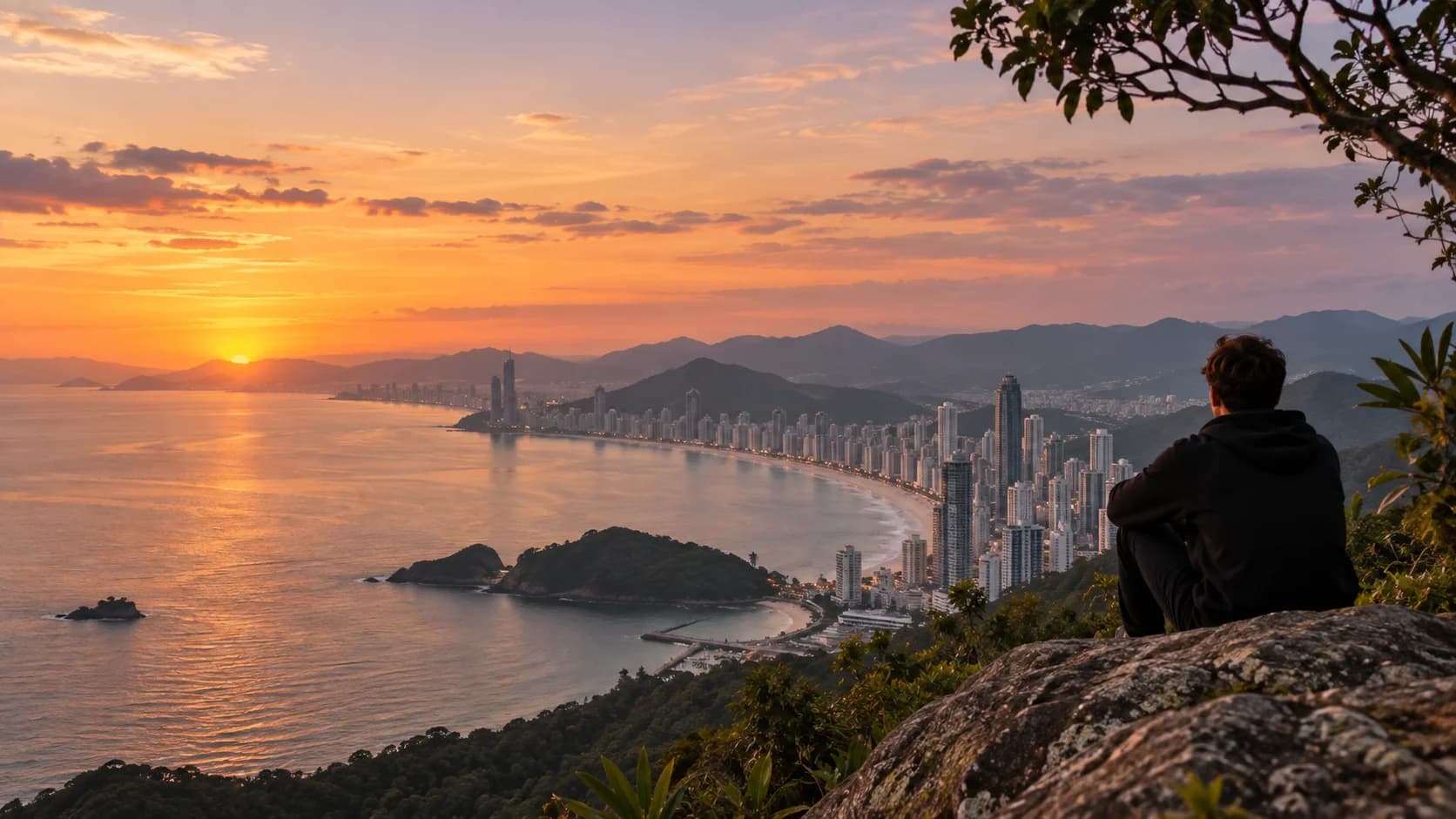 Pessoa contemplando o litoral ao pôr do sol, ilustração da liberdade de construir sua história